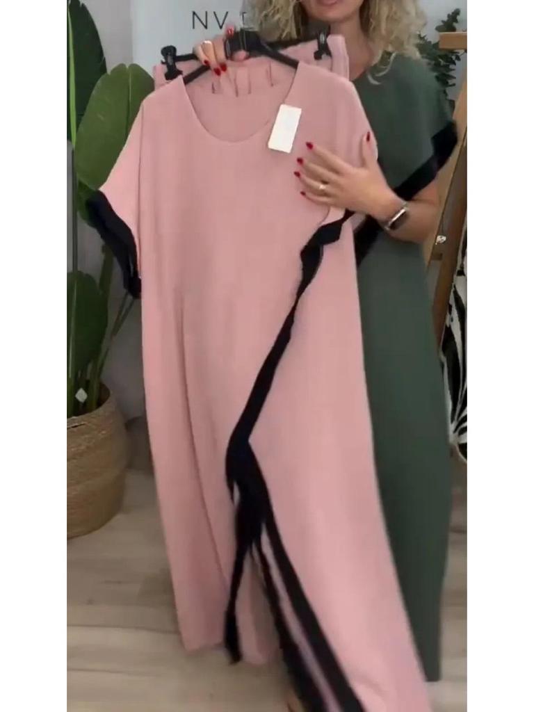 2025 Plus Size Color Block Patchwork Loose Long Dress Set