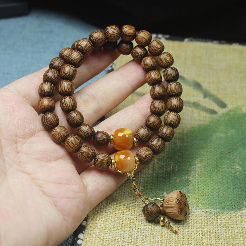 8mm Agarwood Old-Style Beads Double Layer Bracelet with Wooden Lotus Pendant