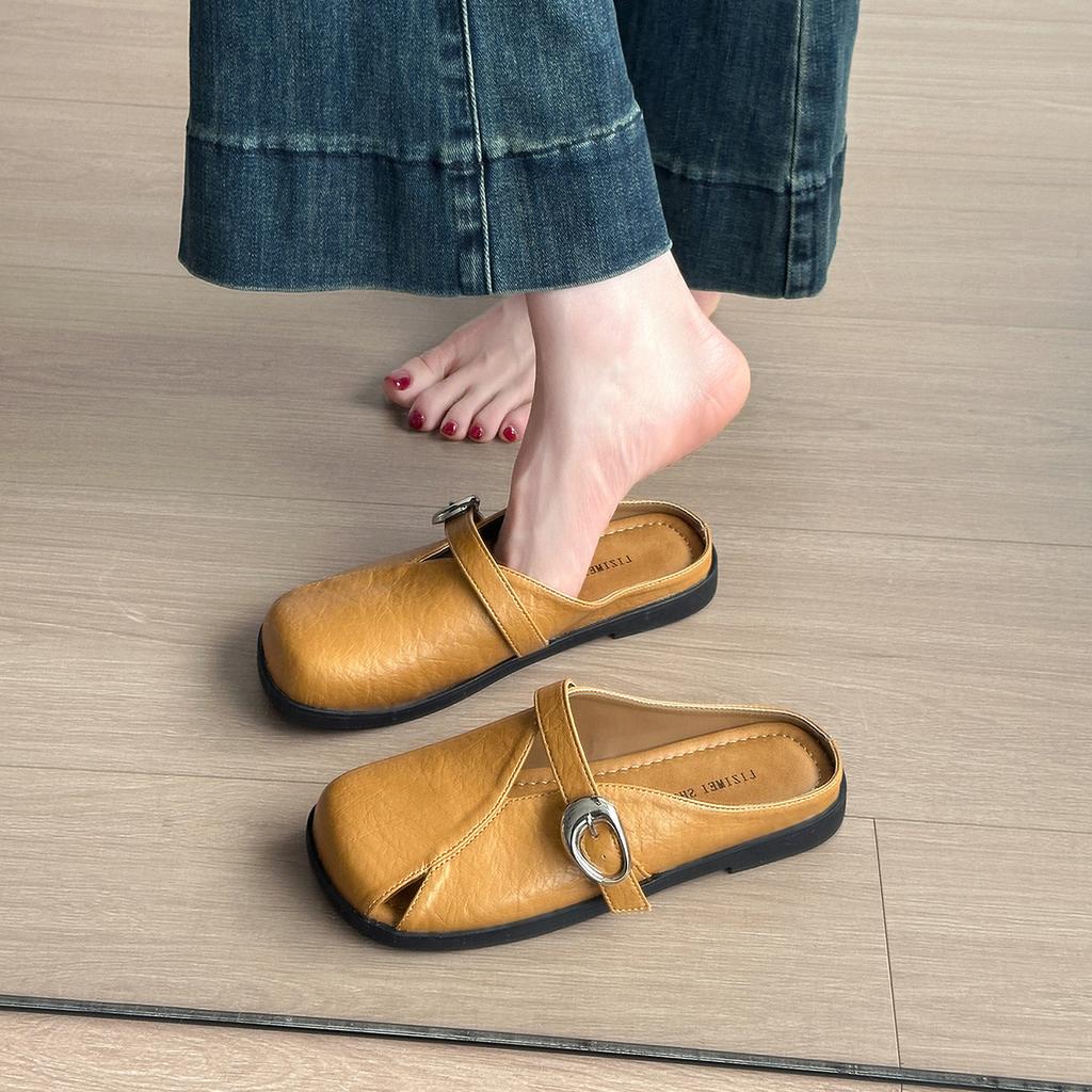 French Bag Head Half Slippers Women's Outer Wear 2025 Summer New Flat-bottomed Cool Slippers Lazy One Pedal Mueller Shoes