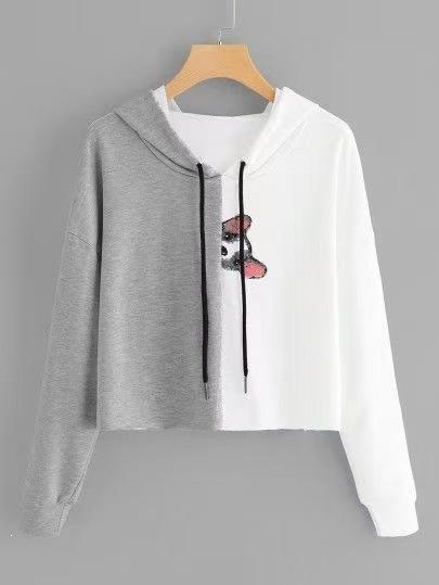 2026 New 3D Digital Printing Hooded Color Matching Short Sweater Women's Loose Fashion Trend Jacket Long Sleeve Top