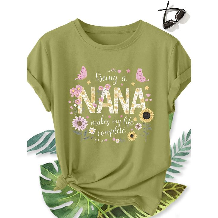 Elegant plus-size short-sleeve shirt for women Flower NANA Grandma print pattern round-neck women's comfortable, soft, breathable new spring-summer