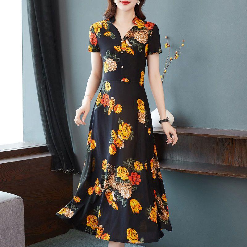 Elegant V-hals A-linje Slim Kjoler Stilig Vintage Blomstret Dameklær Casual Kortermet Sommer Trykt Knapp Midi Kjole