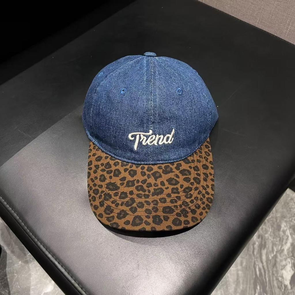 New four-season can wear retro splicing leopard print denim baseball cap men's and women's design sense letter embroidery cap