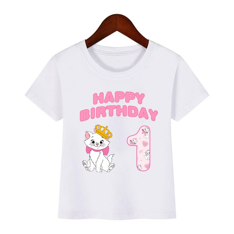 Cute Marie Cat Print Cartoon Girls Clothes 1 2 3 4 5 6 7 8 9 Years Happy Birthday Kids T Shirt Baby Boys Children T-Shirt Gift