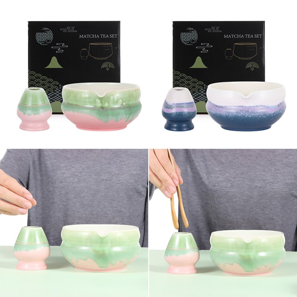 New Ceramic Matcha Bowl with Pouring Spout Multicolored Matcha Whisk Holder Reusable Matcha Making Kit Tea Lovers