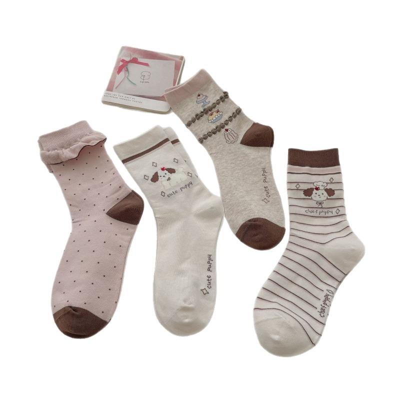 Autumn and Winter Trendy Color-blocking Women's Mid-calf Socks, Cute Cartoon Puppy Socks, Pure Cotton Versatile Lace Women's Socks