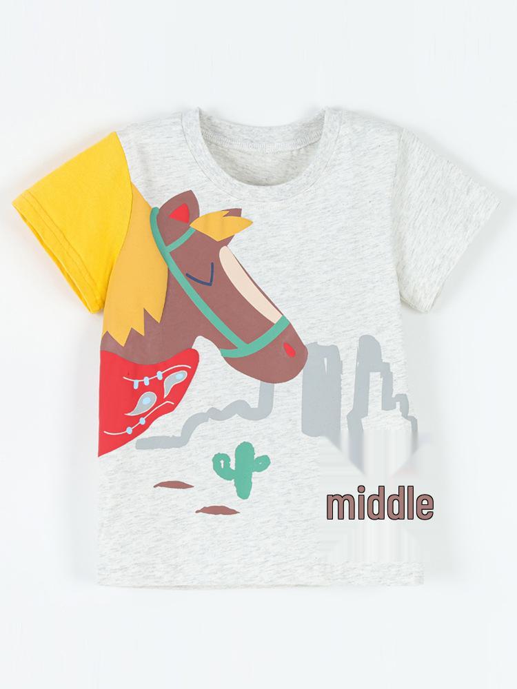 Shopping Party Nieuw Zomers Jongens T-shirt met Paardenprint, Korte Mouwen, Ronde Hals - Europese Amerikaanse Stijl 120cm (6Y) lichtgrijze kleur