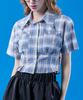 KOLEAT Preppy Check Classic Crop Slim Short Sleeve Shirt [Pale Blue]