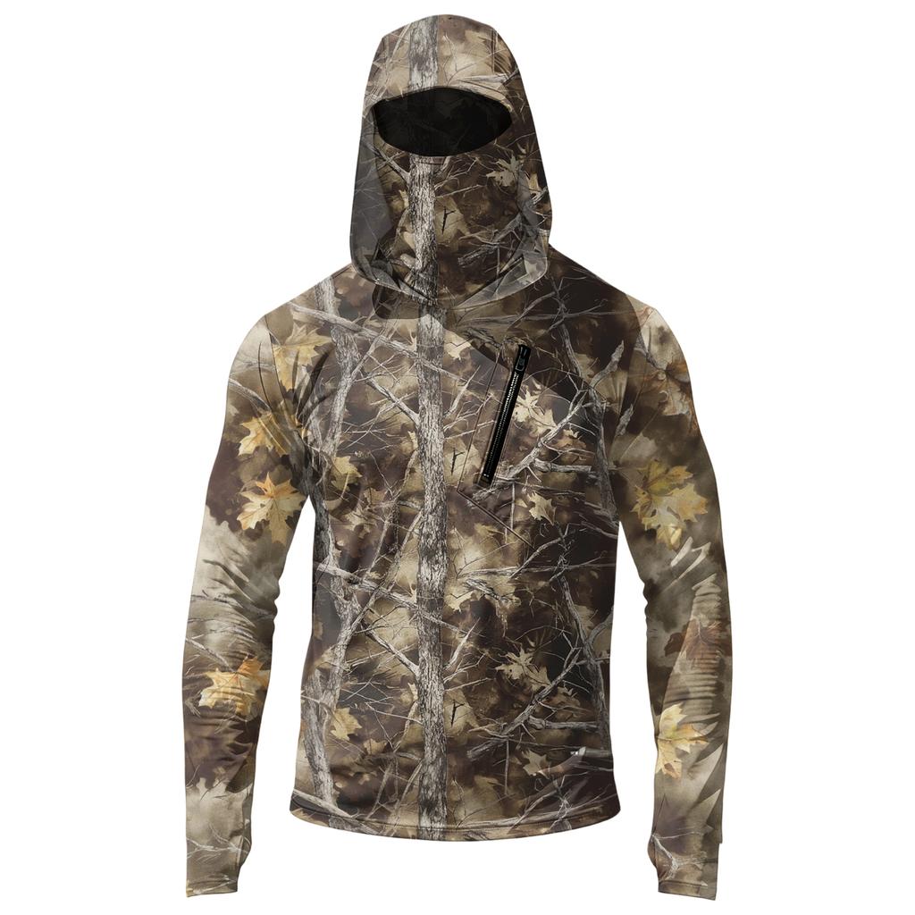 Men's Casual Leaf Camouflage Print Hooded Long Sleeve Sun Protection Shirt Lightweight Breathable Outdoor Top with Zipper Pocket