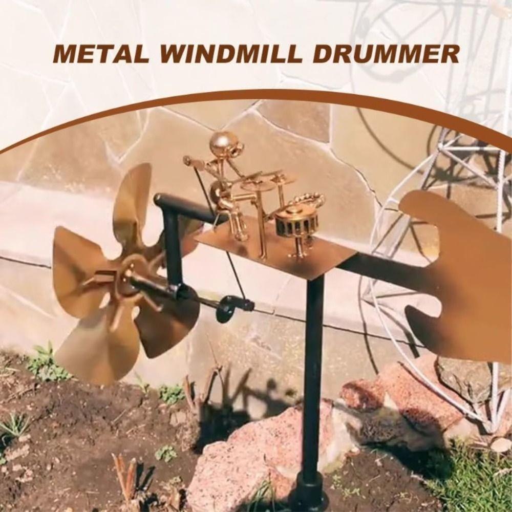 Metal Drummer Windmill Garden Decoration Percussionist Music Statues Yard Ornament Handmade Metal Drummer Windmill