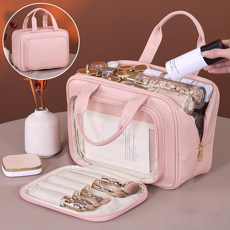 

1 шт., двухслойная косметичка из искусственной кожи, большая вместительная косметичка, роскошный органайзер для косметики, женские дорожные принадлежности розовый
