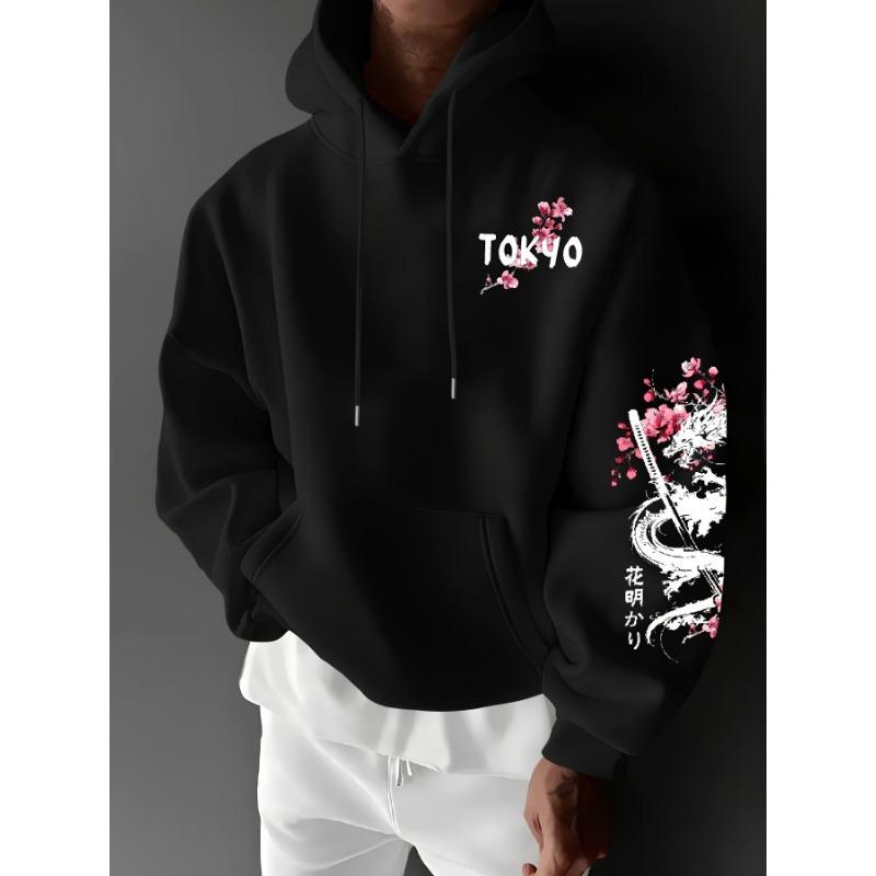 Men's anime-style dragon-patterned cherry blossom print hooded pullover