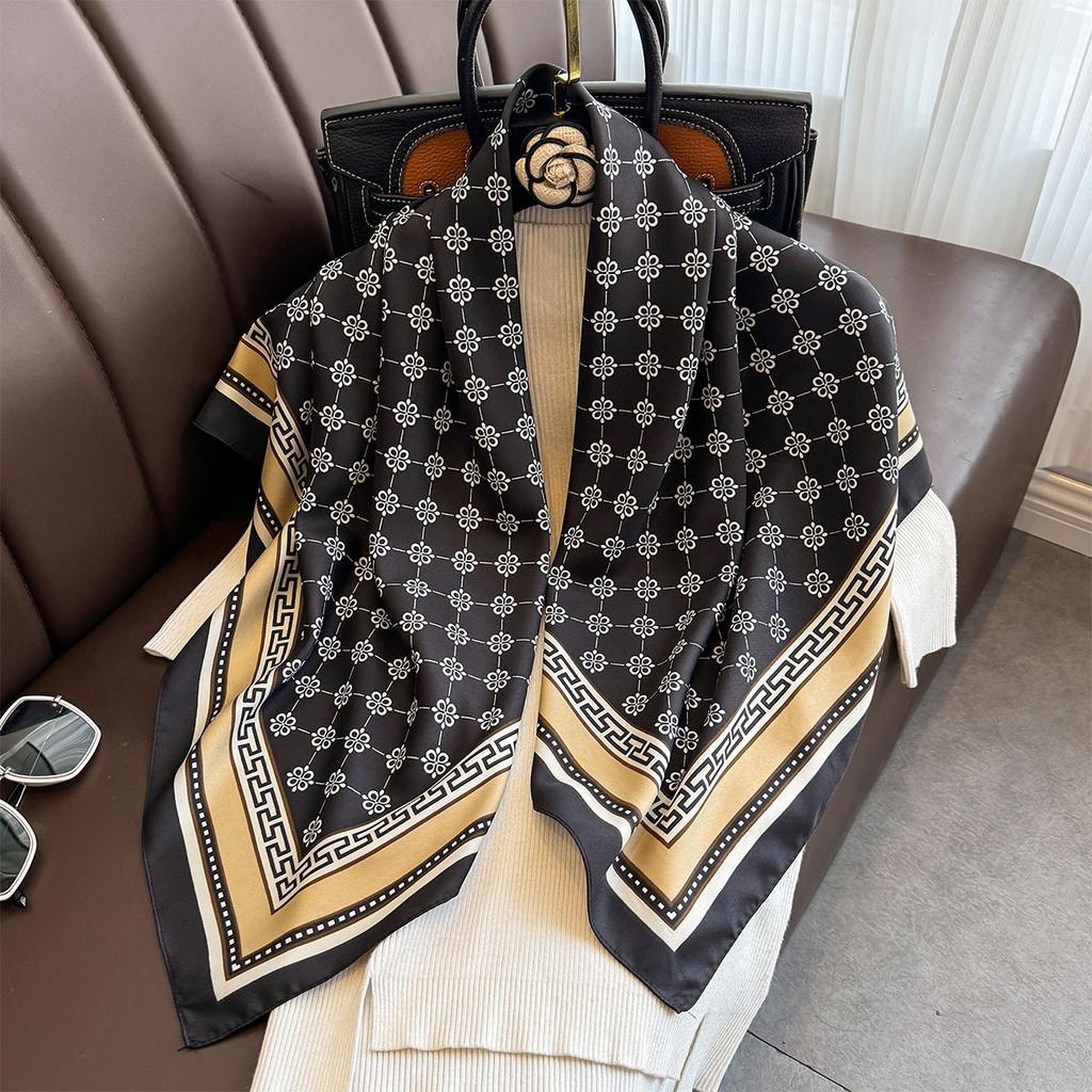 Fashionable and Light Luxury Twill Silk Scarf for Women  Japanese and Korean Simple Striped Large Square Scarf Ins Style Multifunctional Shawl Scarf