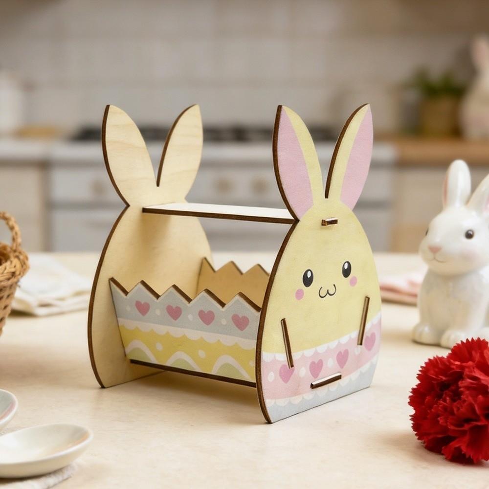 Wooden Easter Bunny Basket Semi-Open Frame DIY Paint Candy Storage Basket Happy Easter Handmade Crafts Rabbit Storage Box
