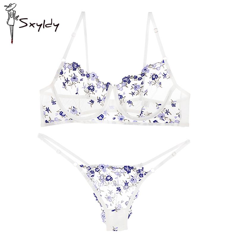 Seturi de Sutiene Sexy Dulci din Plasă Franceză, Frumoase, cu Broderie Florală, Chilot cu Flori