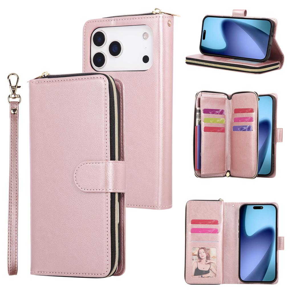 For iPhone 17 Pro Max Case Zipper Pocket 9 Card Slots PU Leather Phone Cover with Hand Strap