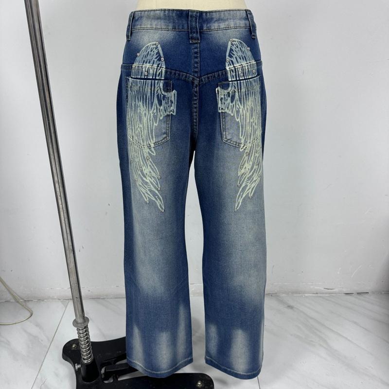 Women's Mid-waist Wing Pattern Printed Jeans, American Retro Style, Straight-leg Casual Pants for Hot Girls