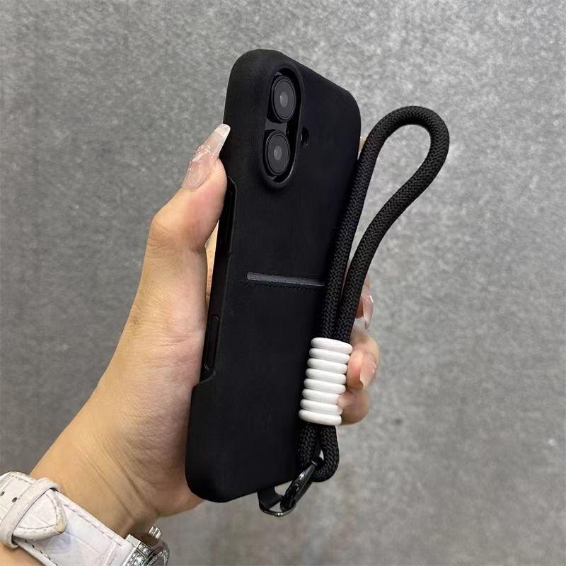 Skin Like Sheepskin Card Insertion Phone Case for IPhone 16 Promax Card Bag S23 Ultra Shell Hanging Rope Sleeve