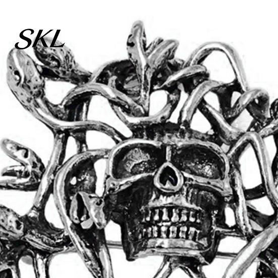 Decorative Brooch Accessory Distressed Style Pin, Punk Retro Thorns Skull Design Lapel Pin with Anti-oxidation Rhinestones Inlaid, Vines Surrounding