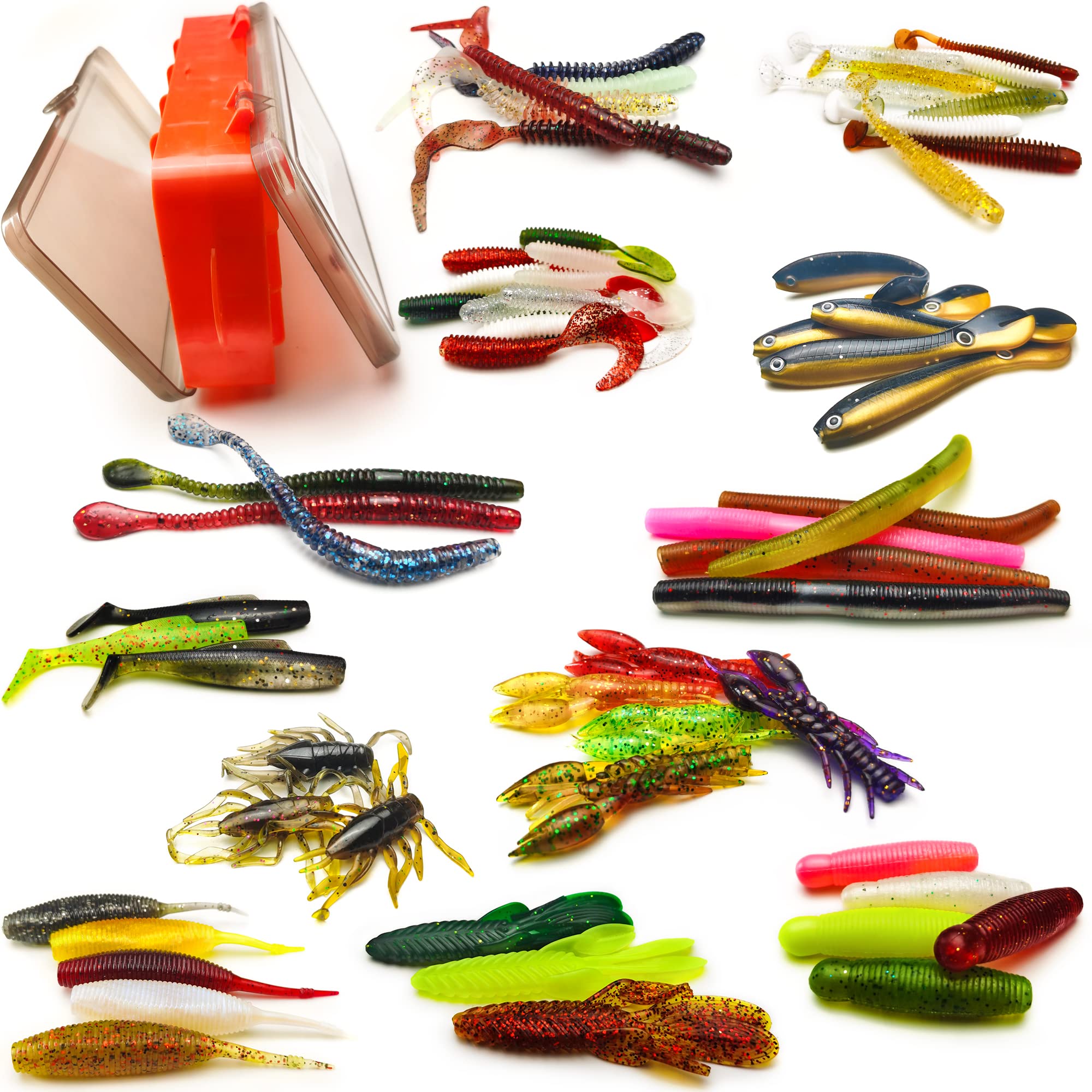 

VMSIXVM Fishing Worm and Jig Head Set for Bass Includes 8 Types of 2 Jig Head and a Storage Case for Freshwater and Saltwater Fishing Ajing/Mebaru