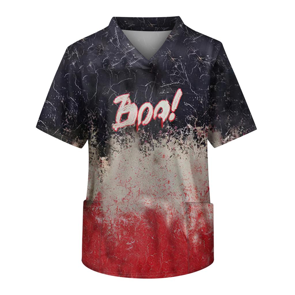 Men's Printing Short Sleeve V-neck Working Blouse Chest Pocket Carer Top