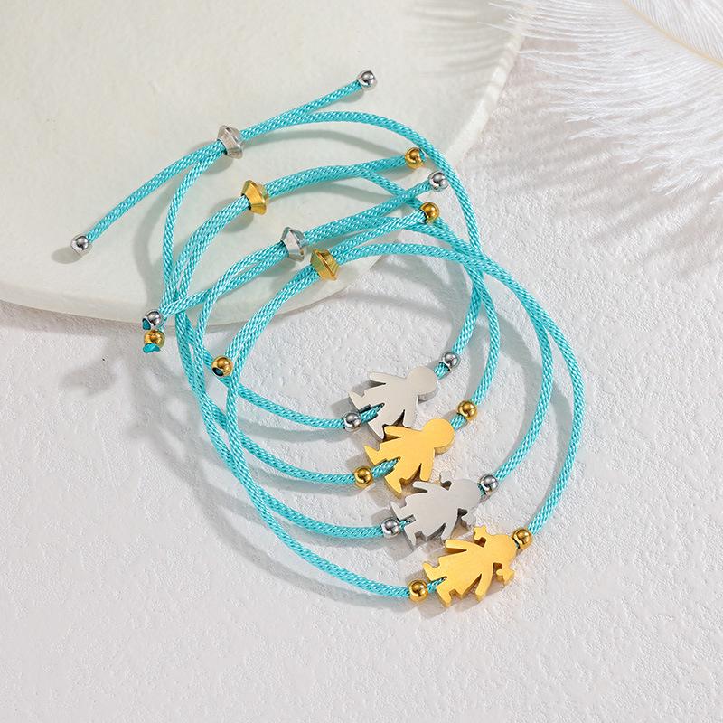 Minimalistisches blaues Seilarmband mit Herz-, Männchen- und runden Anhängern aus Edelstahl