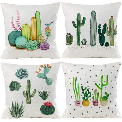 Cactus Pattern Linen Pillowcase, Living Room Sofa Cushion Cover, Home Decoration, Small Fresh Hug Pillowcase 40X40
