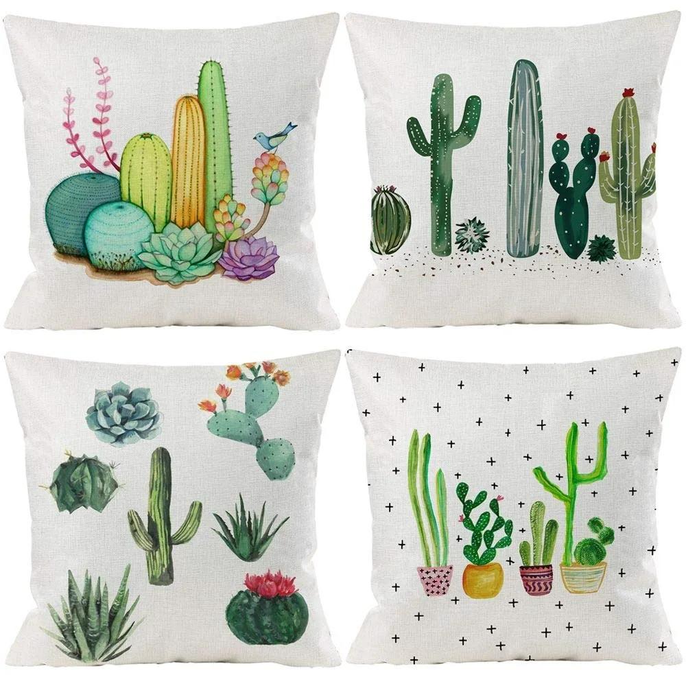 Cactus Pattern Linen Pillowcase, Living Room Sofa Cushion Cover, Home Decoration, Small Fresh Hug Pillowcase 40X40