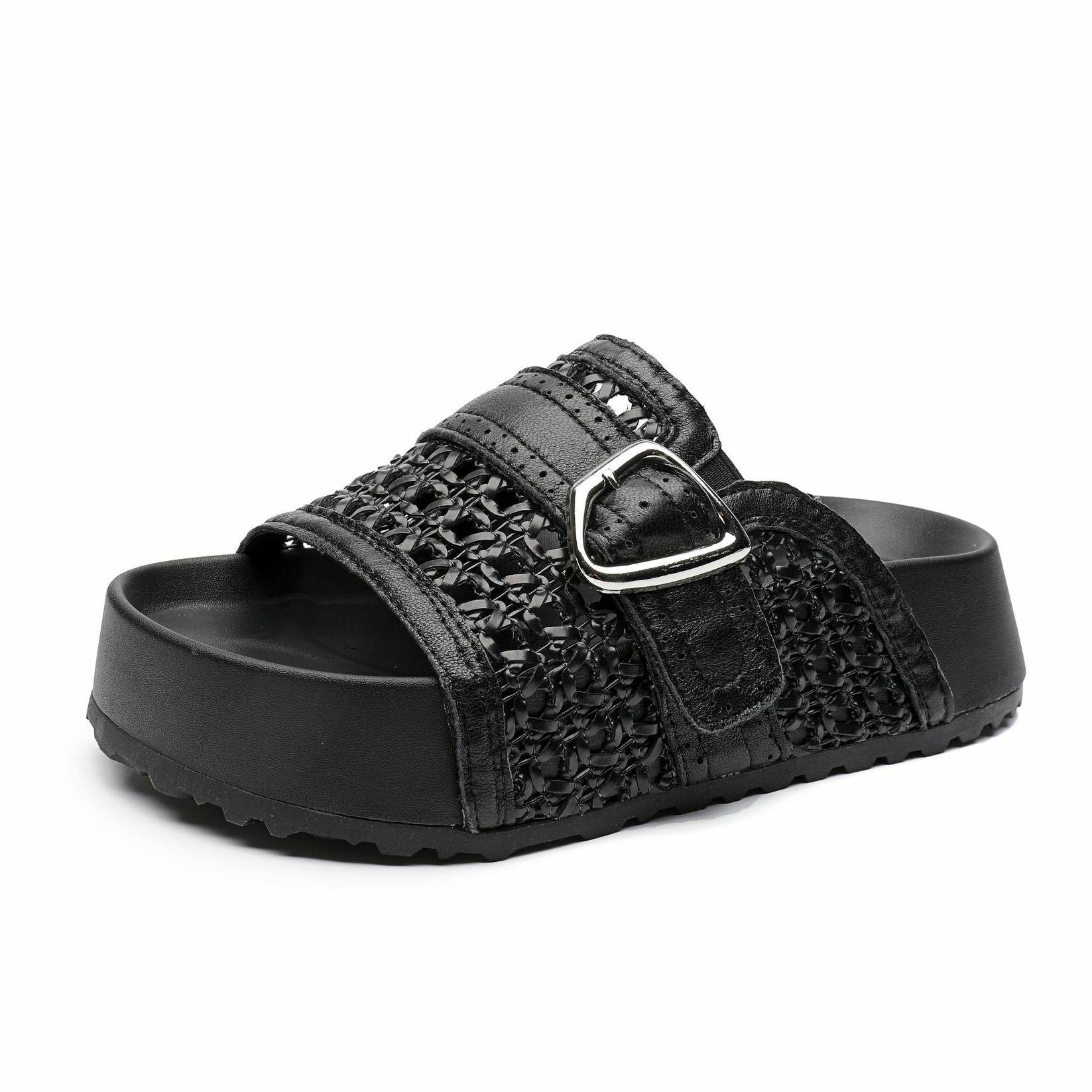 

Fashion 5CM Weave Sheepskin Leather Shoes Hollow Mary Jane Loafer Slippers Platform Wedge Flats Peep Toe Women Breathable Sandals Summer 40