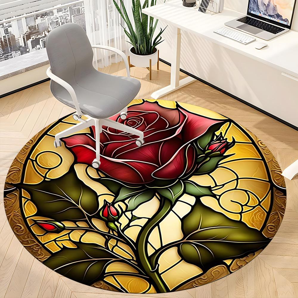 1pc Rose StainedGlass Office Round Area Rug, Under Office Chairs Bedroom Living Room Home Decor, Room Deco