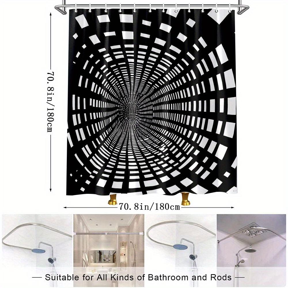 3D Tunnel Design Shower Curtain-Black And White Geometric Pattern, Polyester Fabric With 12 Hooks, Decorative Shower Curtain