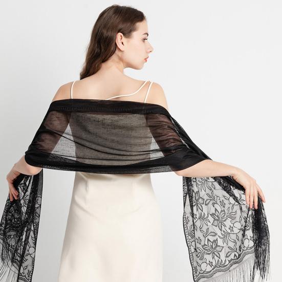Women Summer Shawl See-through Mesh Thin Tassel Solid Color Soft Decorative Lace Malaysia Women Head Wrap Clothes Accessory