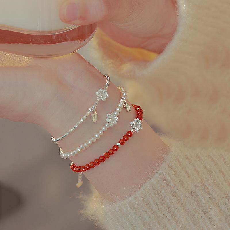 Lotus broken silver pearl bracelet women's retro new Chinese style natal fashion design versatile Nanhong agate bracelet