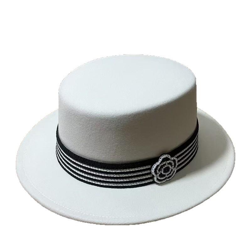 Striped Rhinestone Chain Imitation Wool Flat Top Hat Women's Winter Light Luxury Elegant Retro Top Hat Retro Versatile Temperament Felt
