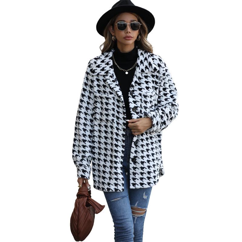 Autumn and Winter Women's Fleece Jacket Casual Plush Long-sleeved Loose Kilobird Check Medium-length Facecloth Blazer Collar Coat