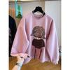 Korean Printed Fleece Hoodie for Women Loose and Niche Pullover Top