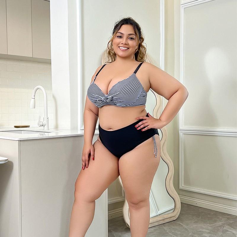 Plus Size Womens Striped High-Waisted Triangle Bikini Set With Underwire Padding