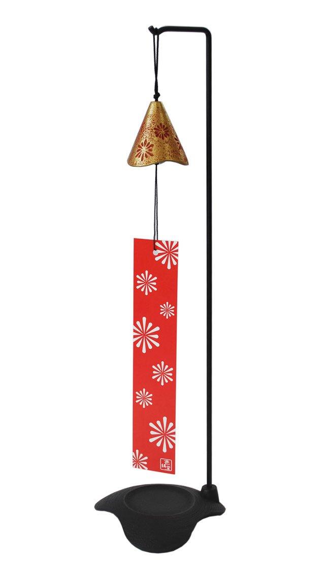 

Nambu ironware wind chime, HANABI style, with stand, gold and red.