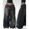 Y2K Gothic Kreuz Print Lockere Jeans Street Hip-Hop Retro Herren und Damen Lässige Übergroße Multifunktionale Modische Jeans
