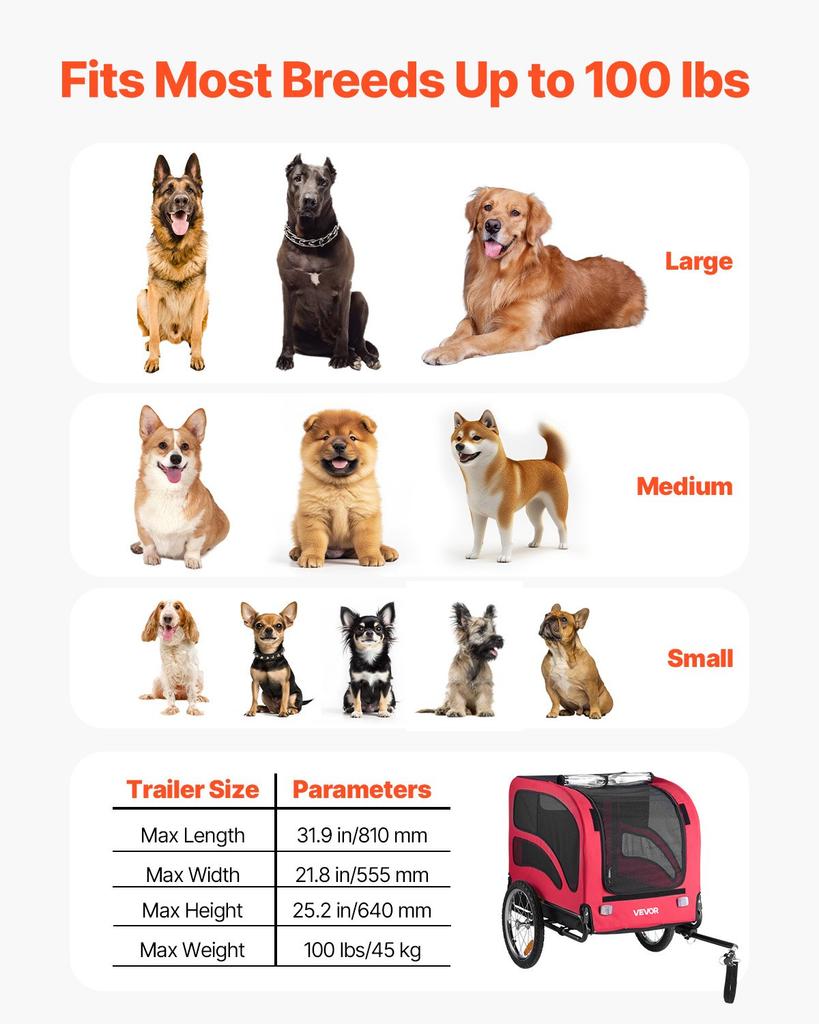 VEVOR Dog Bike Trailer, Supports Up To 45 Kg, Pet Cart Bicycle Carrier for Small & Large Dogs, Easy Folding Frame with Quick Release Wheel