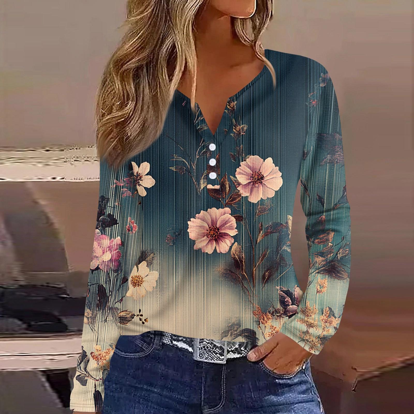 Жен. Футболка Футболка С принтом Пуговицы Длинный рукав Повседневные Выходные Мода — фото 7