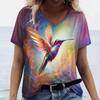 Summer V-neck 3D Colorful Bird Printed Top Fashionable Casual Short Sleeved Women's T-shirts