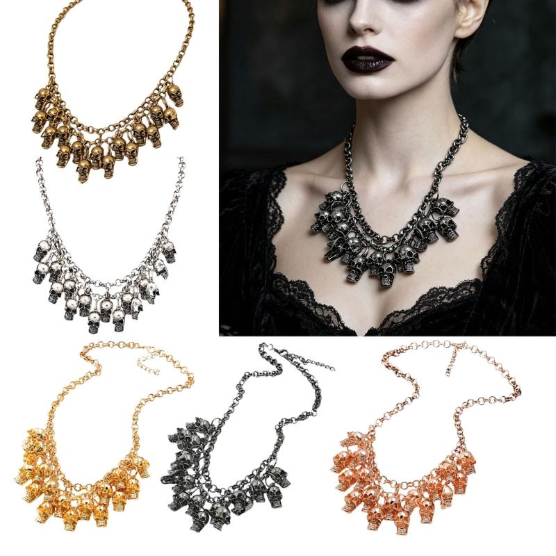Punk Halloween Skull Necklace Statement Chain Jewelry with Front Drape and Alloy Finish for Concert and Party Outfits Daily