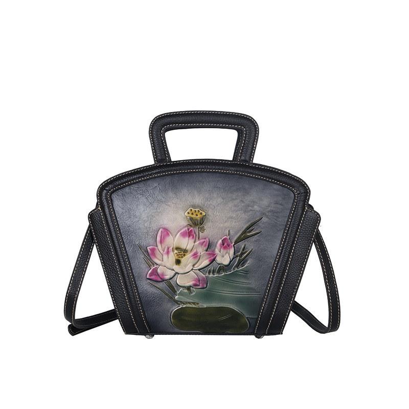 Сумки через плечо с тиснением лотоса для женщин, винтажные дизайнерские сумки из натуральной кожи, женская сумка через плечо, кошелек GZW 28cm*10cm*21.5cm чёрный