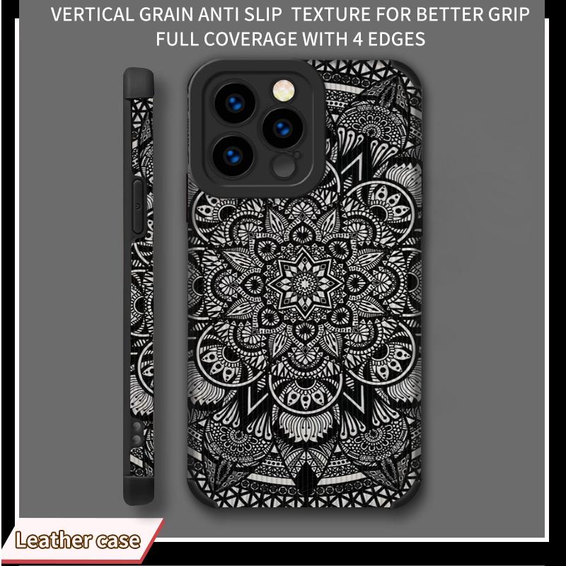 Vertical Grain Leather Shell Mandala Printed Patterned Shockproof Soft Silicone Case with Camera Lens Full Protection for iPhone