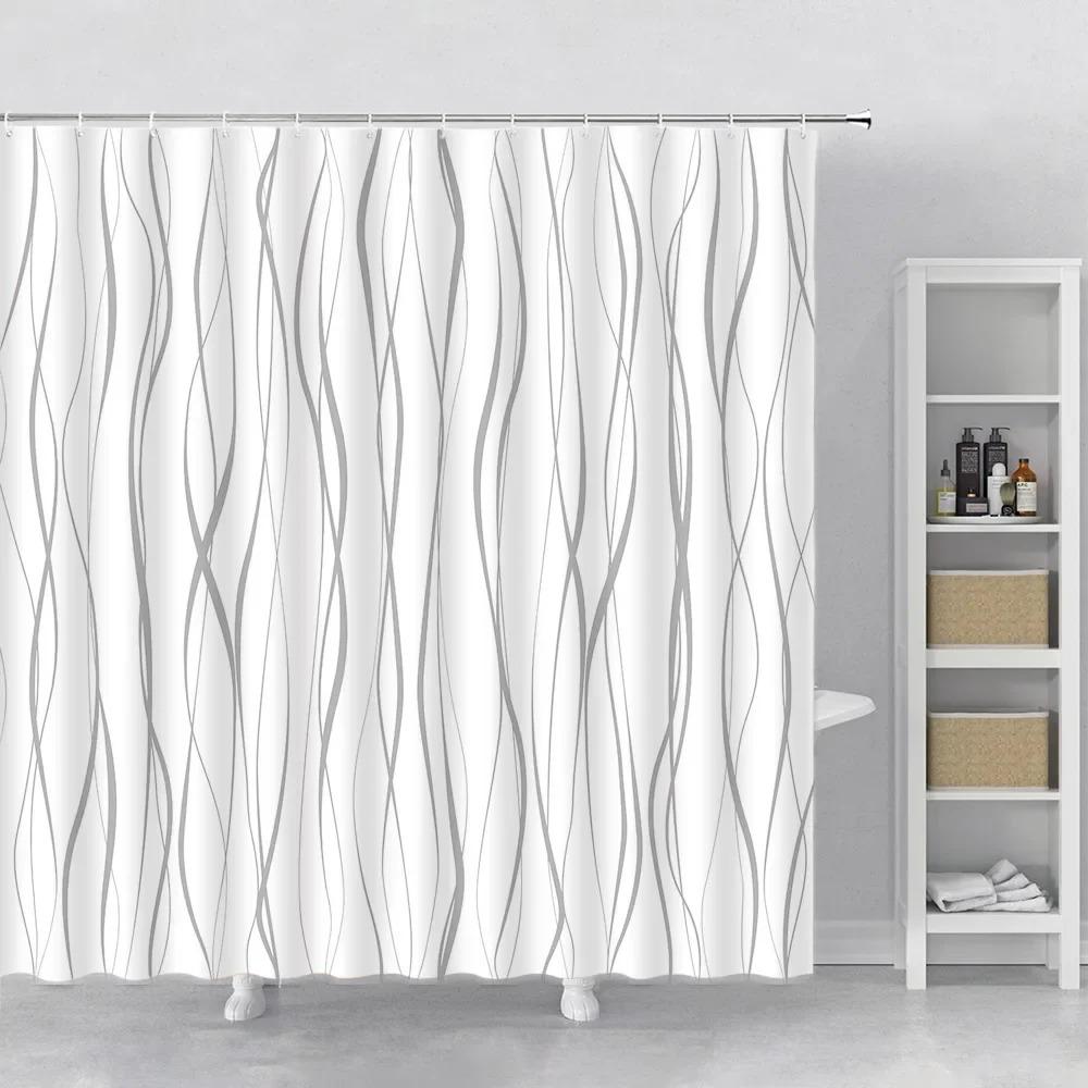 Geometrischer Wellenlinien-Duschvorhang Modern Minimalistisch Heimdekor Polyestergewebe Badevorhang Maschinenwaschbar Haken für Badezimmer