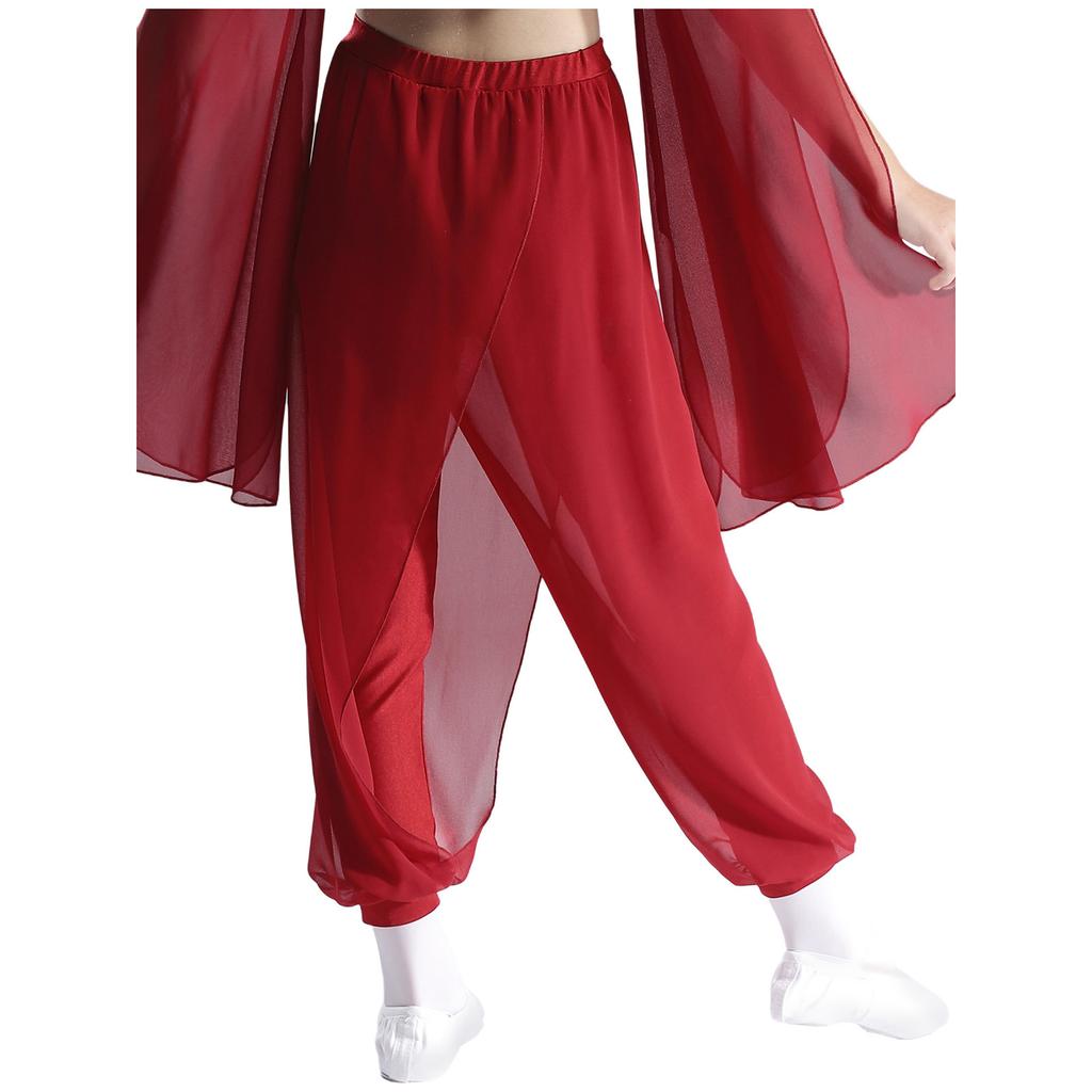 Girls Classical Dance Pants Split Chiffon Overlay Design Practice Wear Stage Performance Bottoms