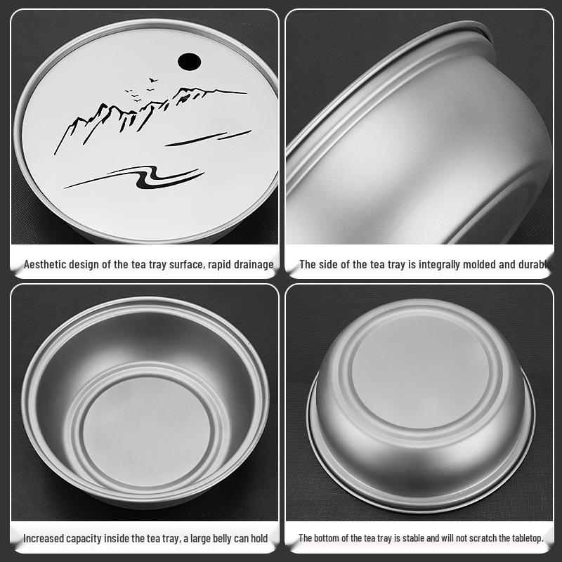 Pure Titanium Tea Tray: Mountain & Water Design, Large Capacity, Chaoshan Gongfu Tea Set, Round Base, Healthy Tea Ceremony Table.