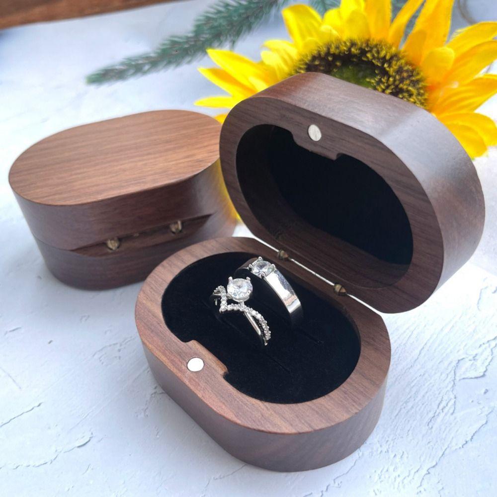 Handmade Wedding Ring Box Wooden Portable Ring Display Box Magnet Closure Double Slots Jewelry Storage Show Case