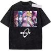Summer Vintage Casual Basic Crew Neck Black Washed Short Sleeve T Shirt With Anime Bocchi The Rock Manga Ryo Print T Shirt